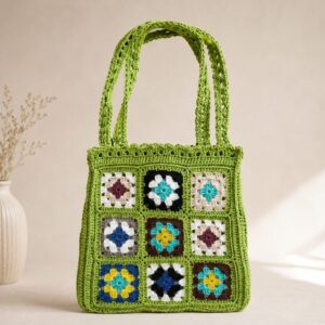 Handmade Crochet Granny Square Tote With Olive Green Boho Shoulder Bag