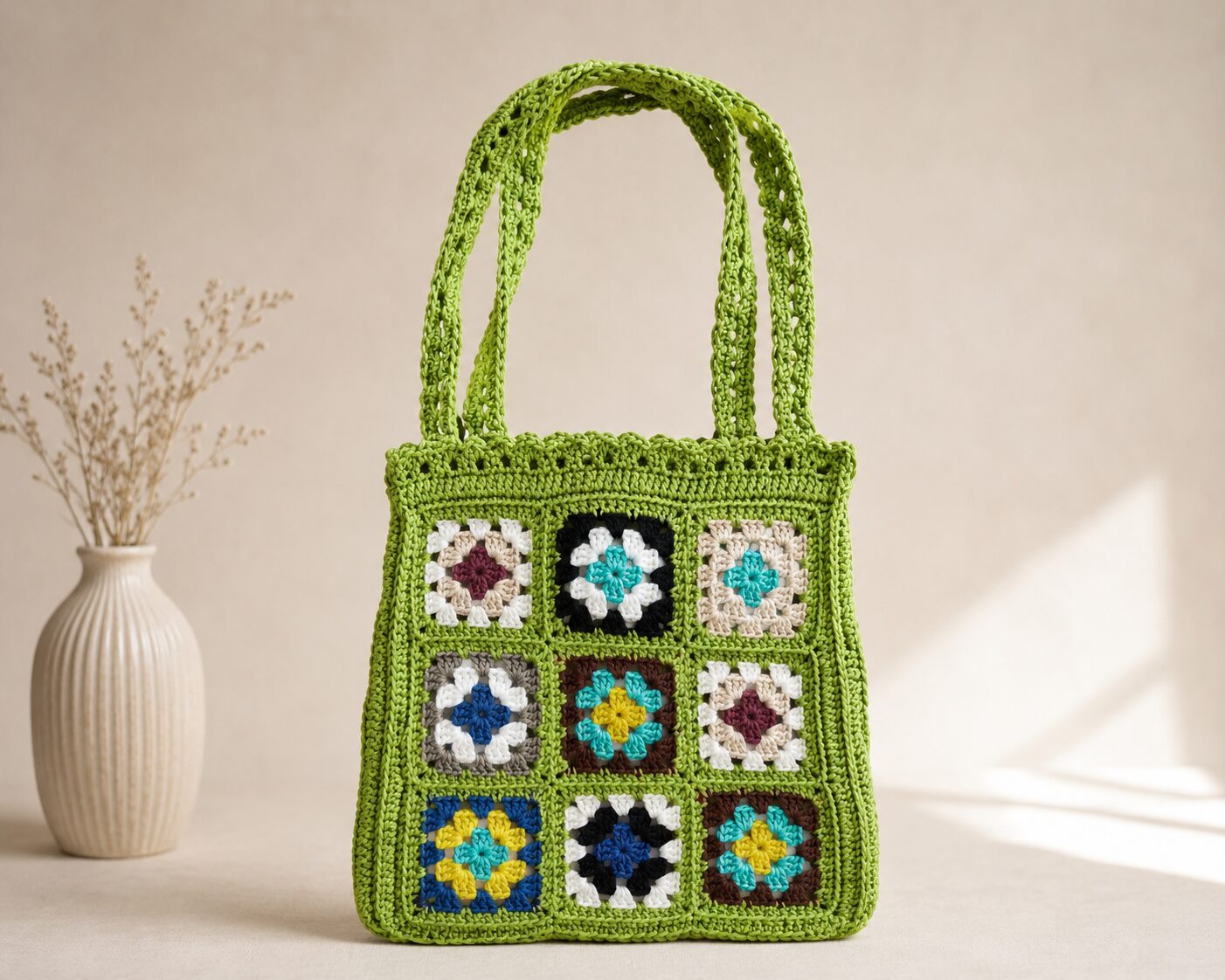 Handmade Crochet Granny Square Tote With Olive Green Boho Shoulder Bag