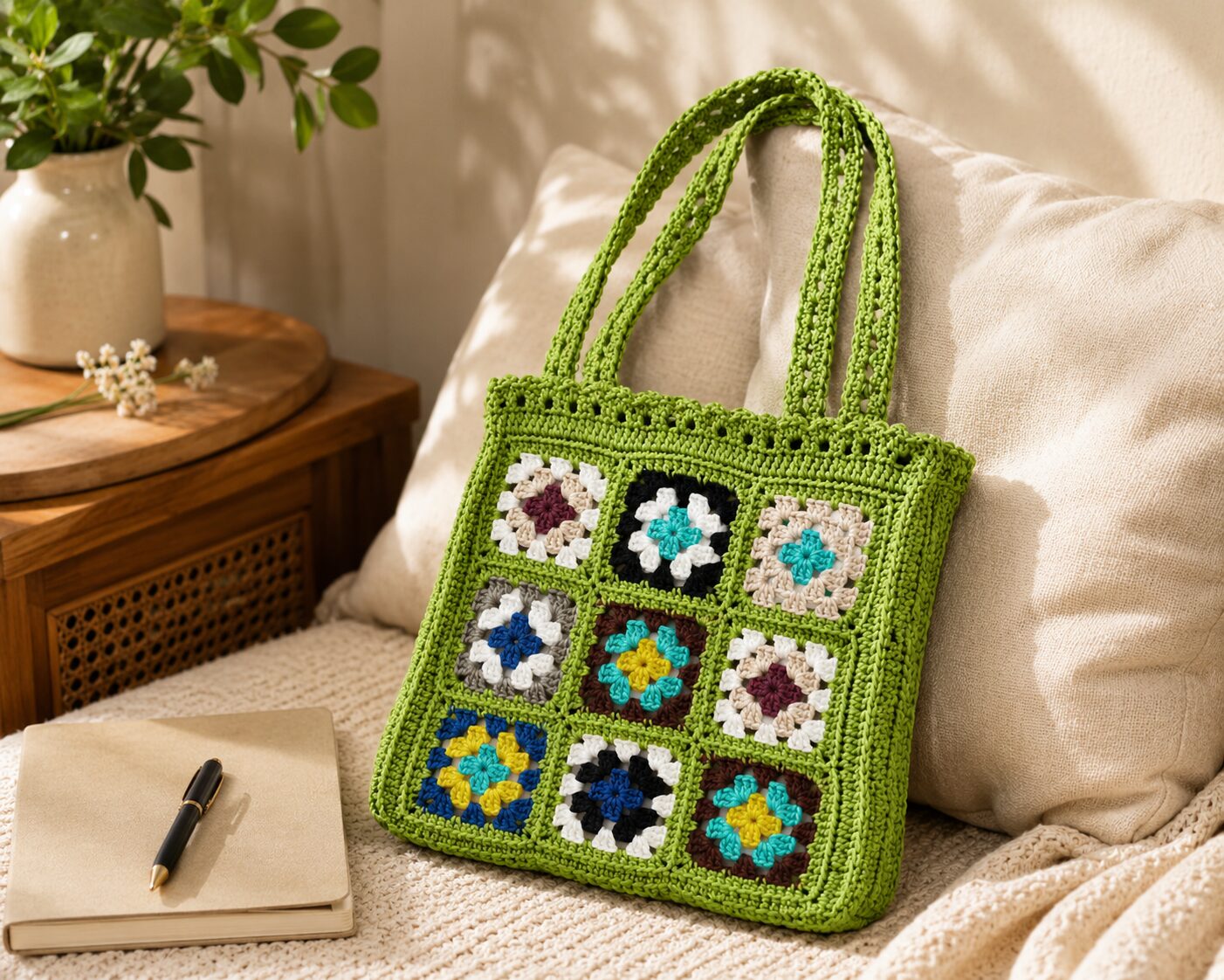 Handmade Crochet Granny Square Tote With Olive Green Boho Shoulder Bag - Image 2