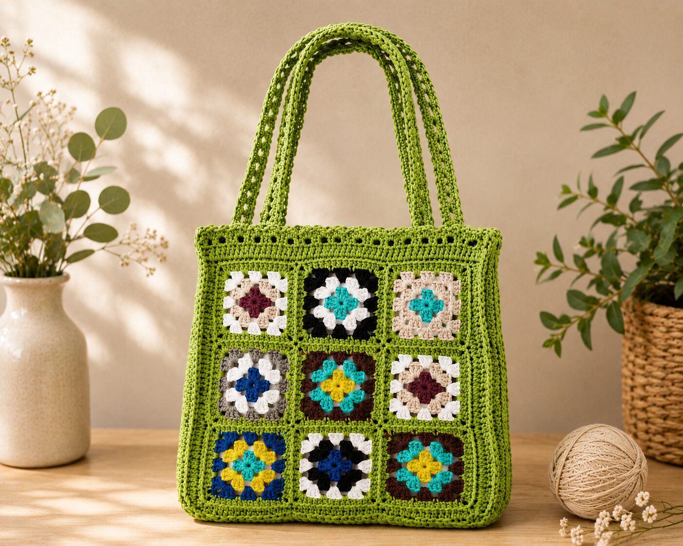 Handmade Crochet Granny Square Tote With Olive Green Boho Shoulder Bag - Image 3