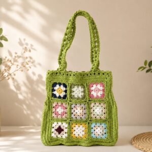 Handmade Crochet Granny Square Tote With Green Boho Shoulder Bag Design