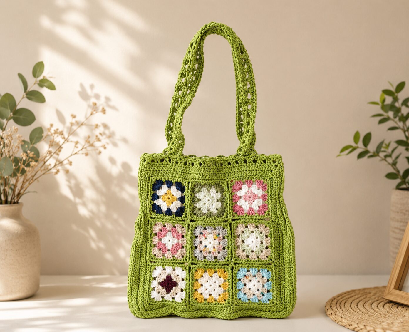 Handmade Crochet Granny Square Tote With Green Boho Shoulder Bag Design