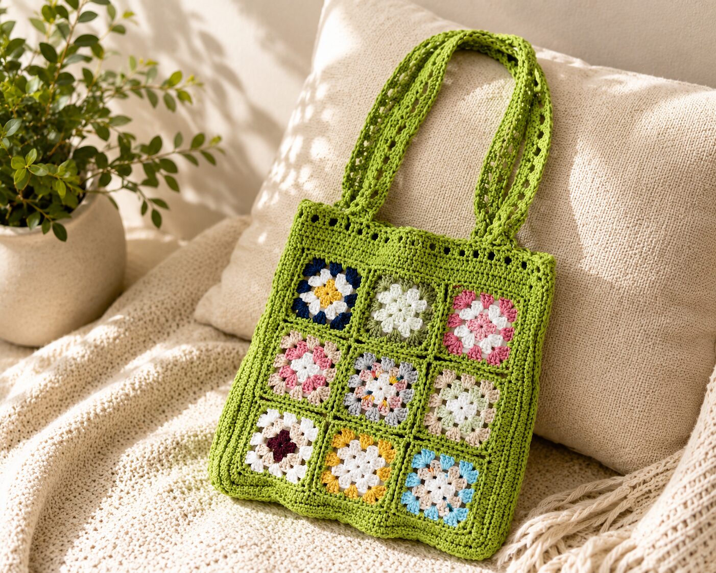 Handmade Crochet Granny Square Tote With Green Boho Shoulder Bag Design - Image 2