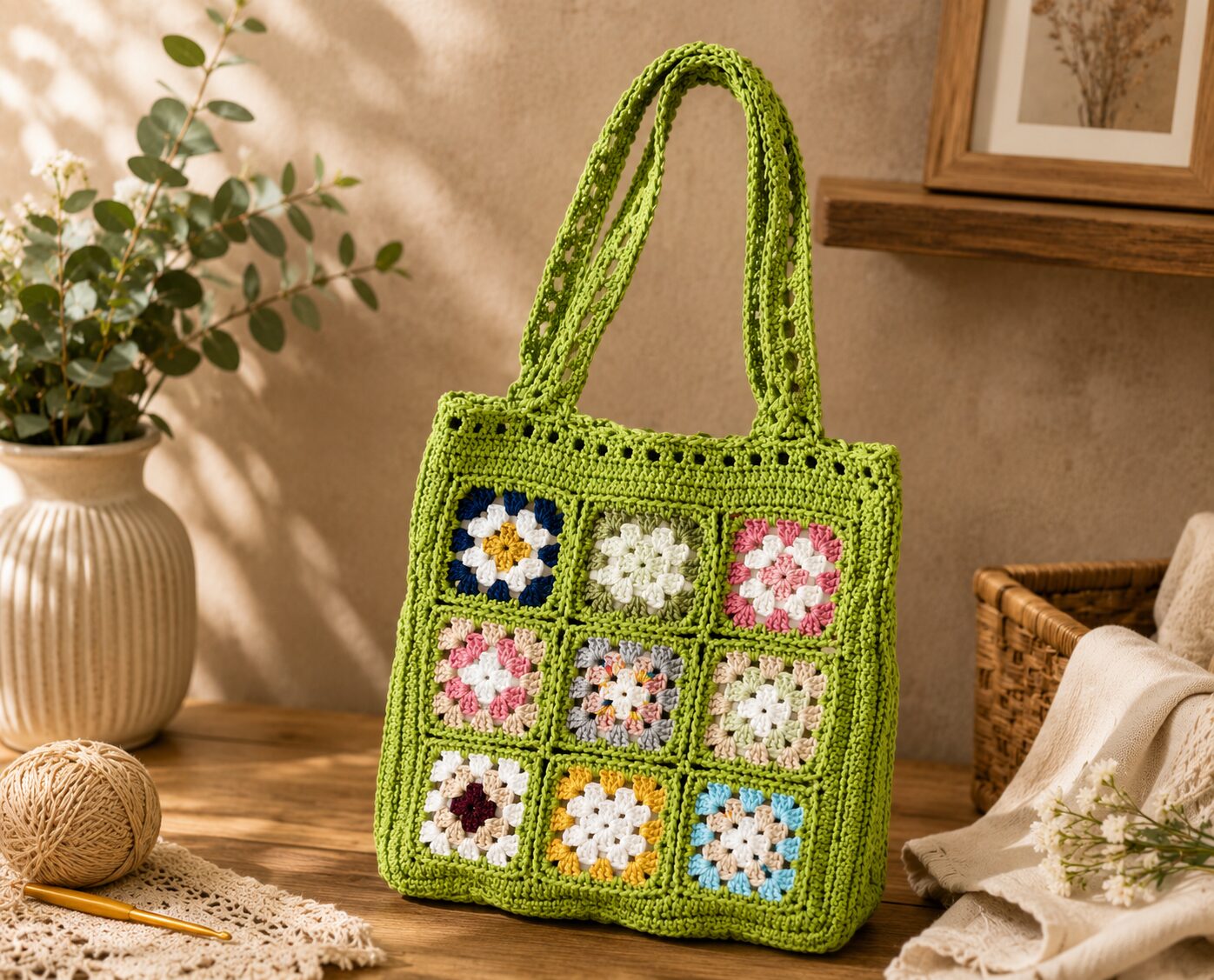 Handmade Crochet Granny Square Tote With Green Boho Shoulder Bag Design - Image 3