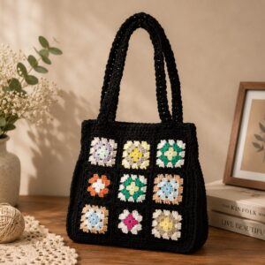 Handmade Crochet Granny Square Tote With Black Pastel Shoulder Bag Design