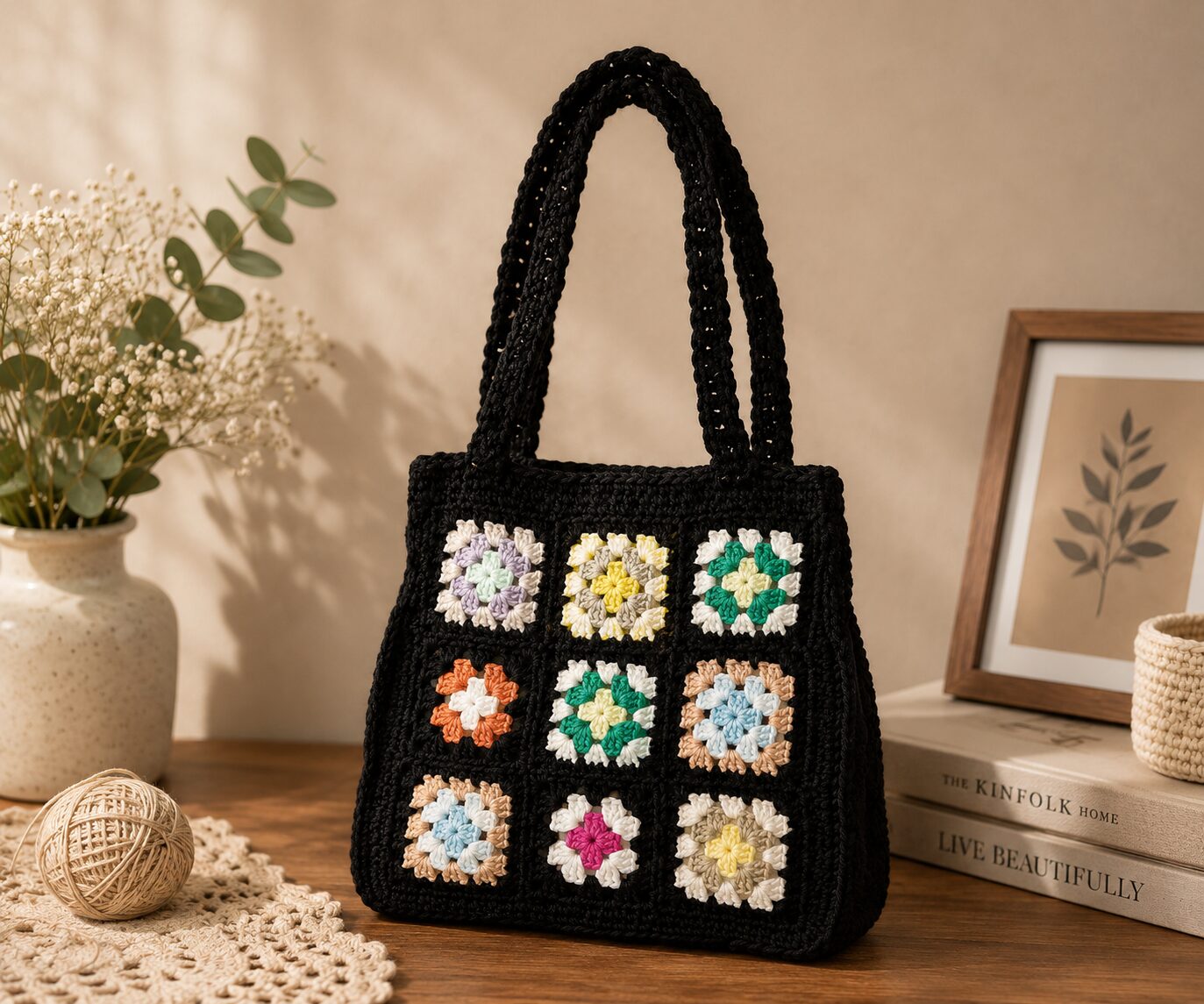 Handmade Crochet Granny Square Tote With Black Pastel Shoulder Bag Design