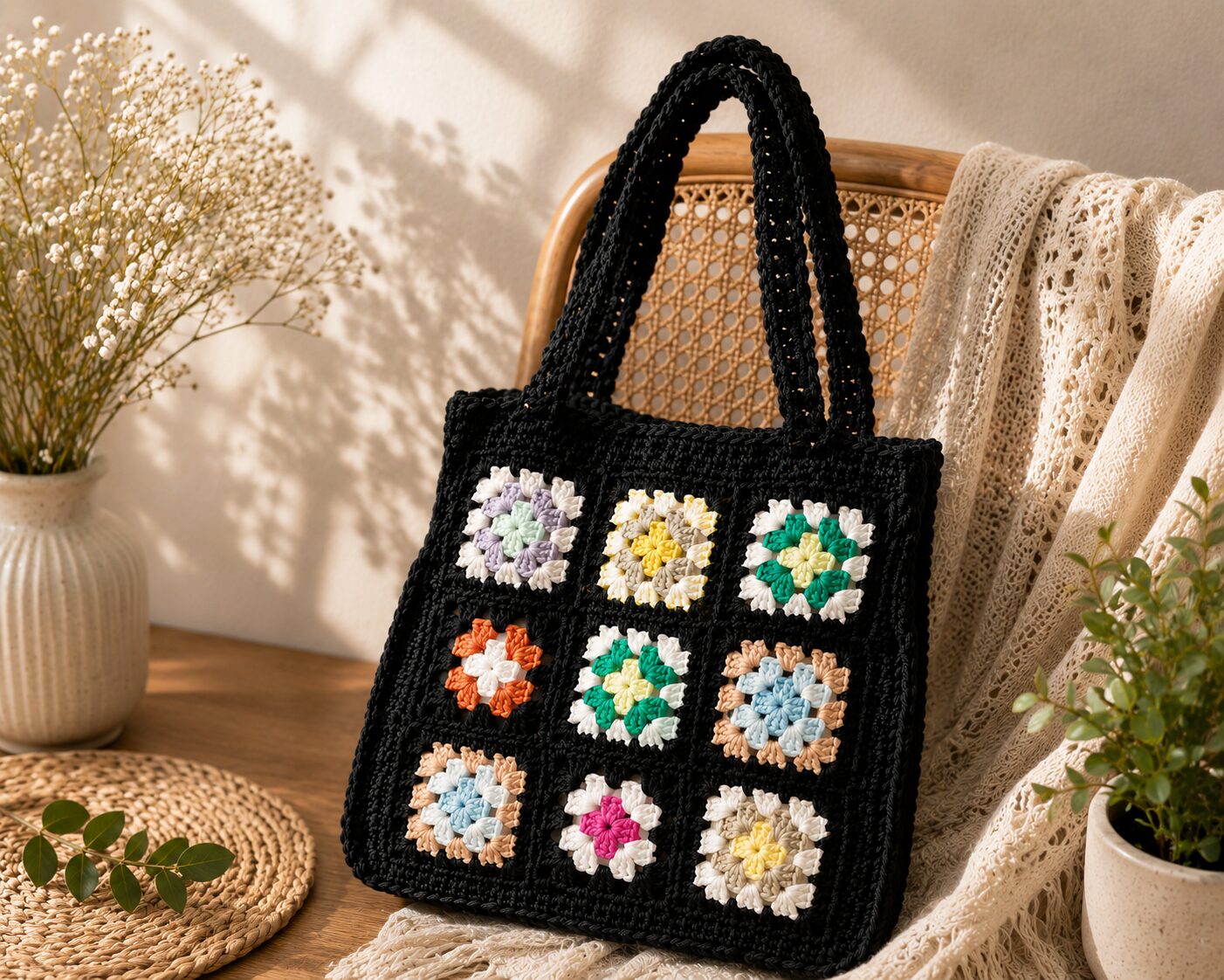 Handmade Crochet Granny Square Tote With Black Pastel Shoulder Bag Design - Image 3