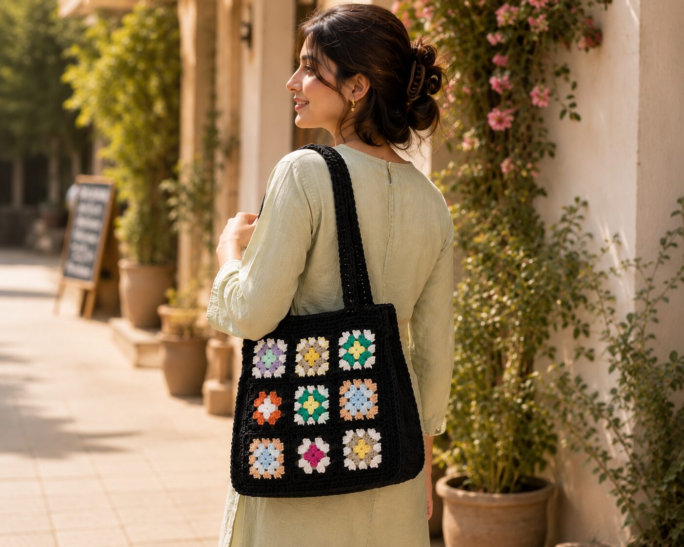 Handmade Crochet Granny Square Tote With Black Pastel Shoulder Bag Design - Image 2