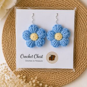 Handmade Blue Crochet Flower Earrings Lightweight Floral Dangle Jewelry