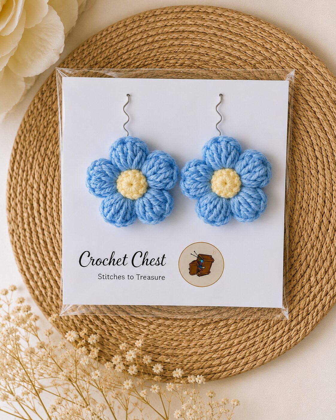 Handmade Blue Crochet Flower Earrings Lightweight Floral Dangle Jewelry