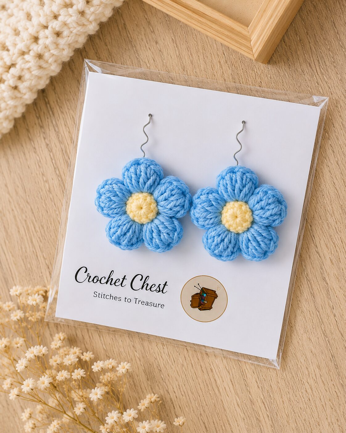 Handmade Blue Crochet Flower Earrings Lightweight Floral Dangle Jewelry - Image 2
