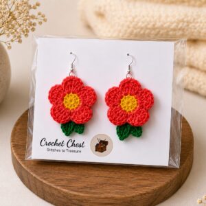 Handmade Red Flower Crochet Earrings Floral Dangle Jewelry Pair