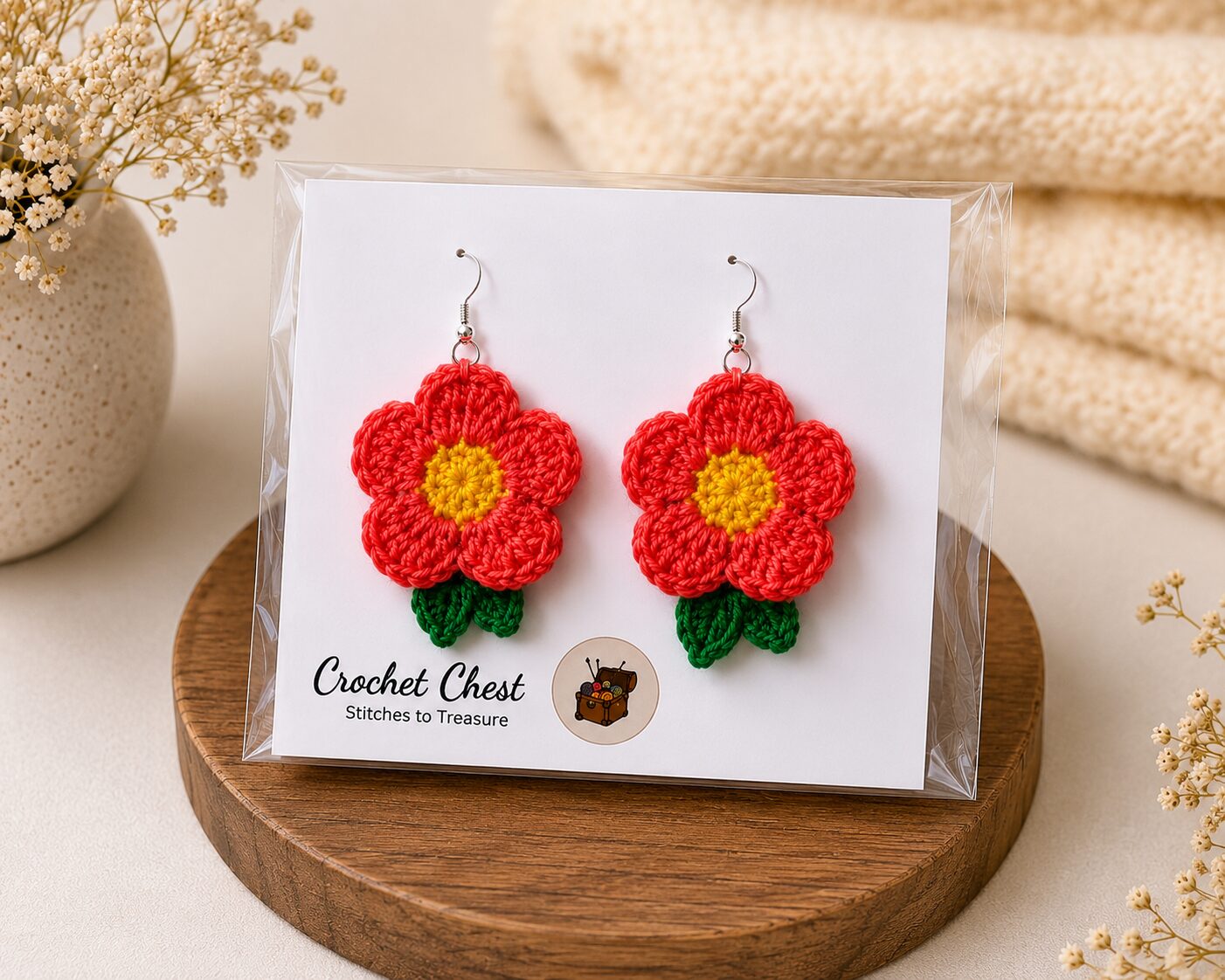 Handmade Red Flower Crochet Earrings Floral Dangle Jewelry Pair