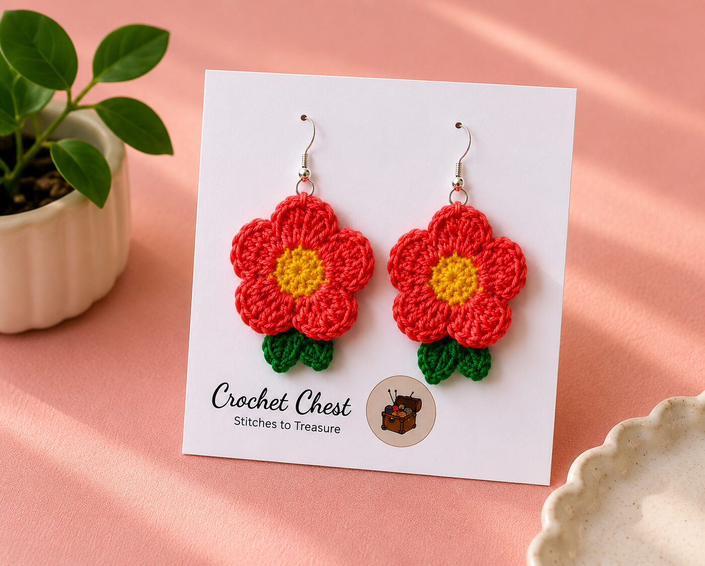 Handmade Red Flower Crochet Earrings Floral Dangle Jewelry Pair - Image 2