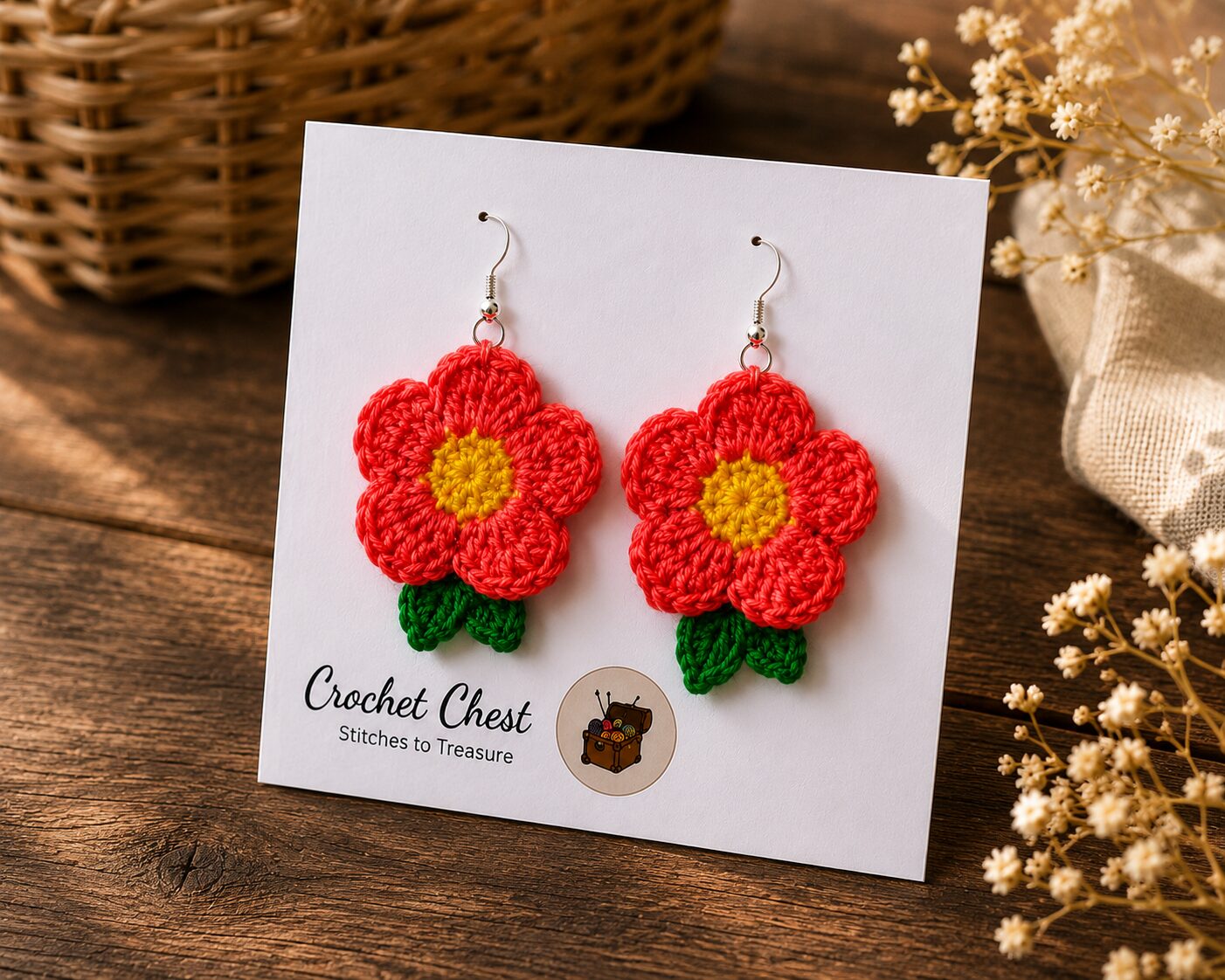 Handmade Red Flower Crochet Earrings Floral Dangle Jewelry Pair - Image 3