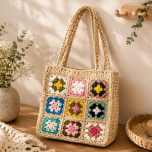 Handmade Crochet Granny Square Tote With Beige Boho Shoulder Bag Design