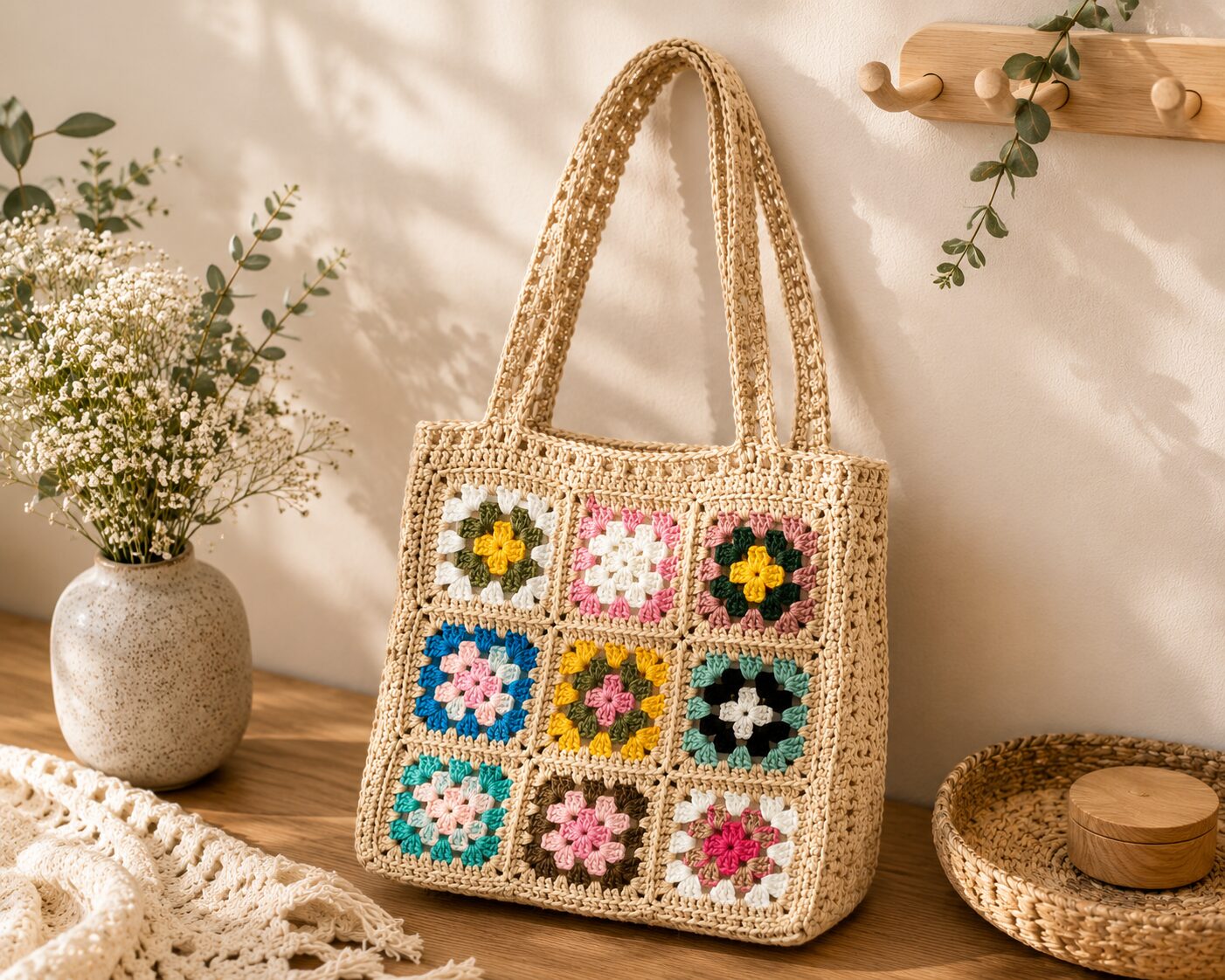 Handmade Crochet Granny Square Tote With Beige Boho Shoulder Bag Design