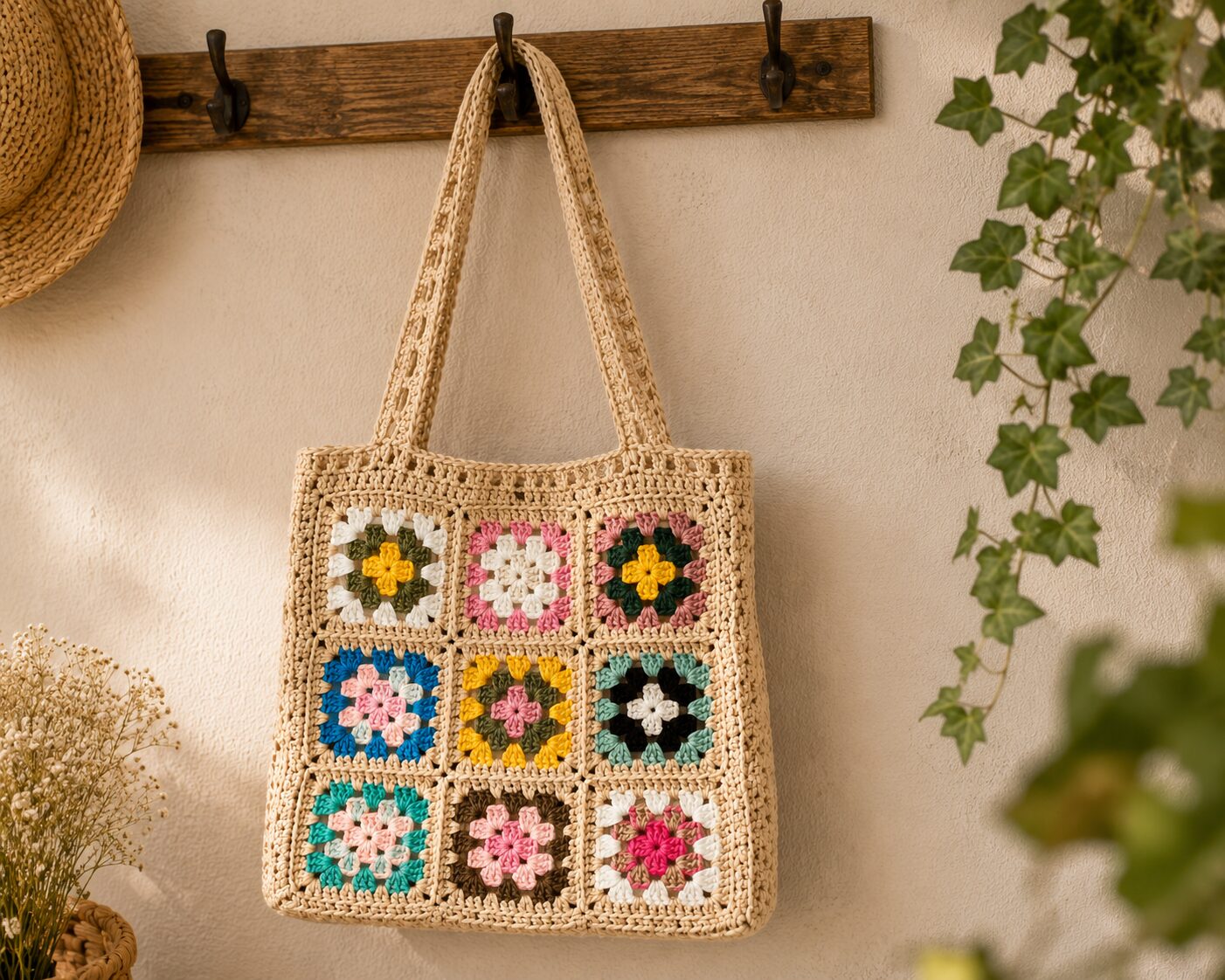 Handmade Crochet Granny Square Tote With Beige Boho Shoulder Bag Design - Image 3