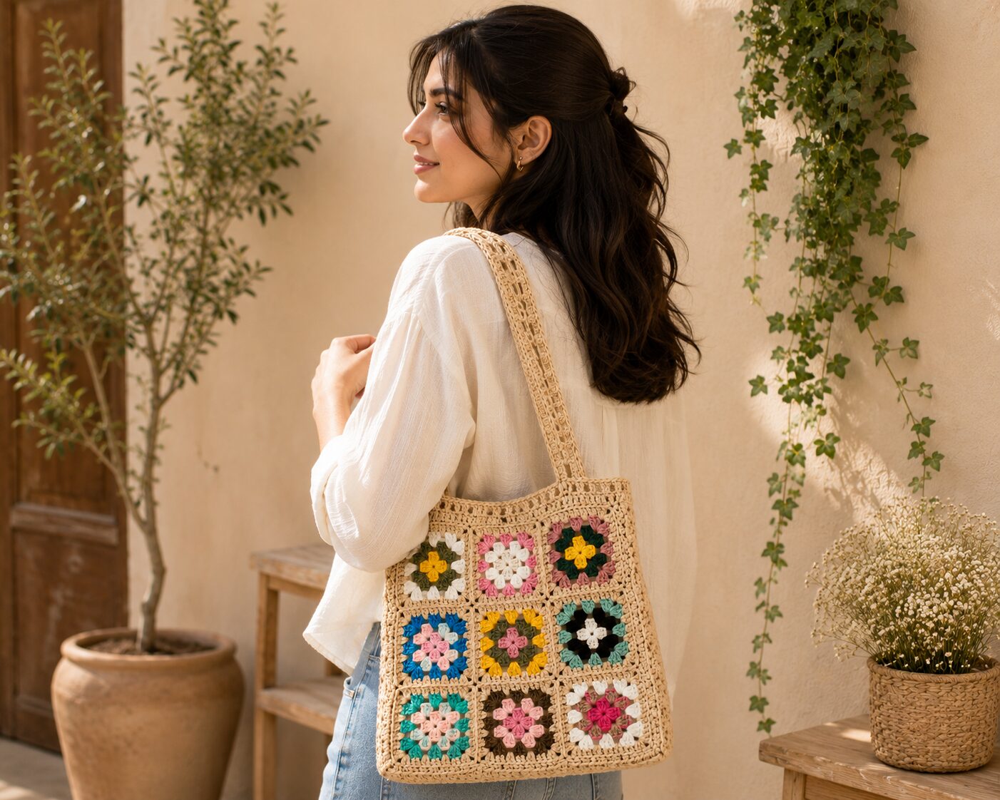 Handmade Crochet Granny Square Tote With Beige Boho Shoulder Bag Design - Image 2