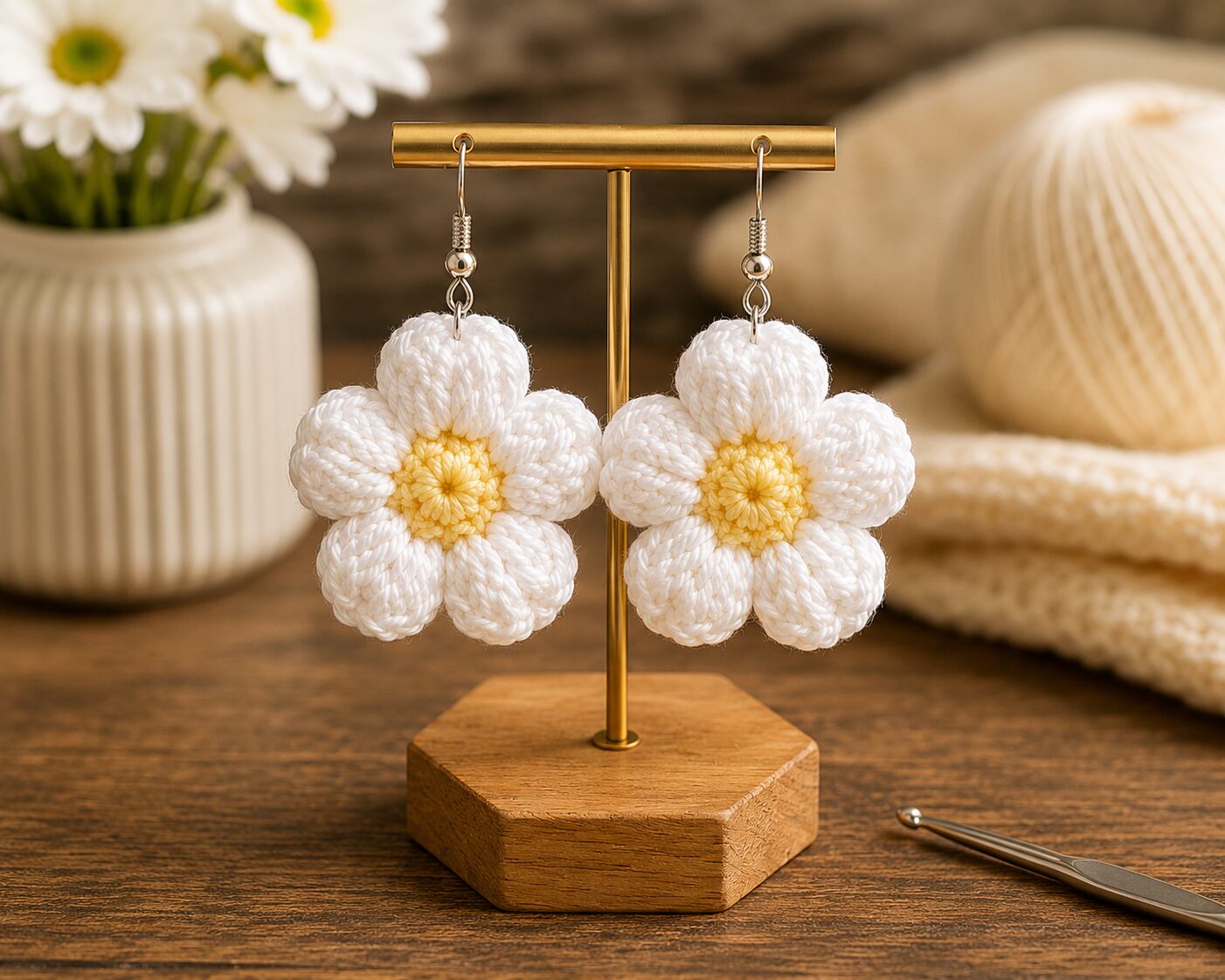 Handmade Crochet Daisy Flower Earrings Lightweight Floral Dangle Jewelry - Image 2