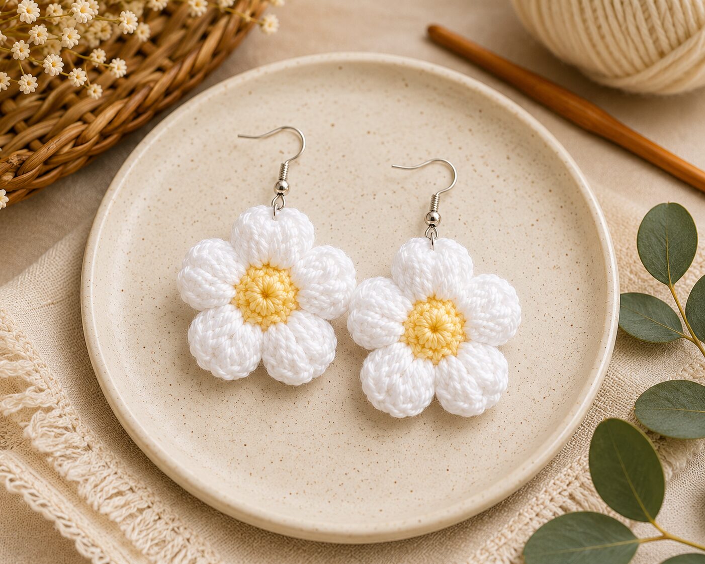 Handmade Crochet Daisy Flower Earrings Lightweight Floral Dangle Jewelry - Image 3