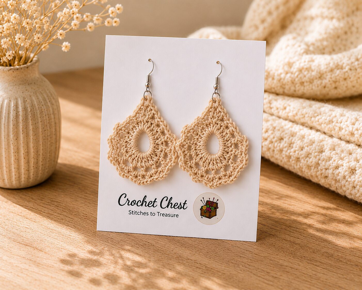 Handmade Beige Crochet Lace Earrings Lightweight Boho Dangle Jewelry
