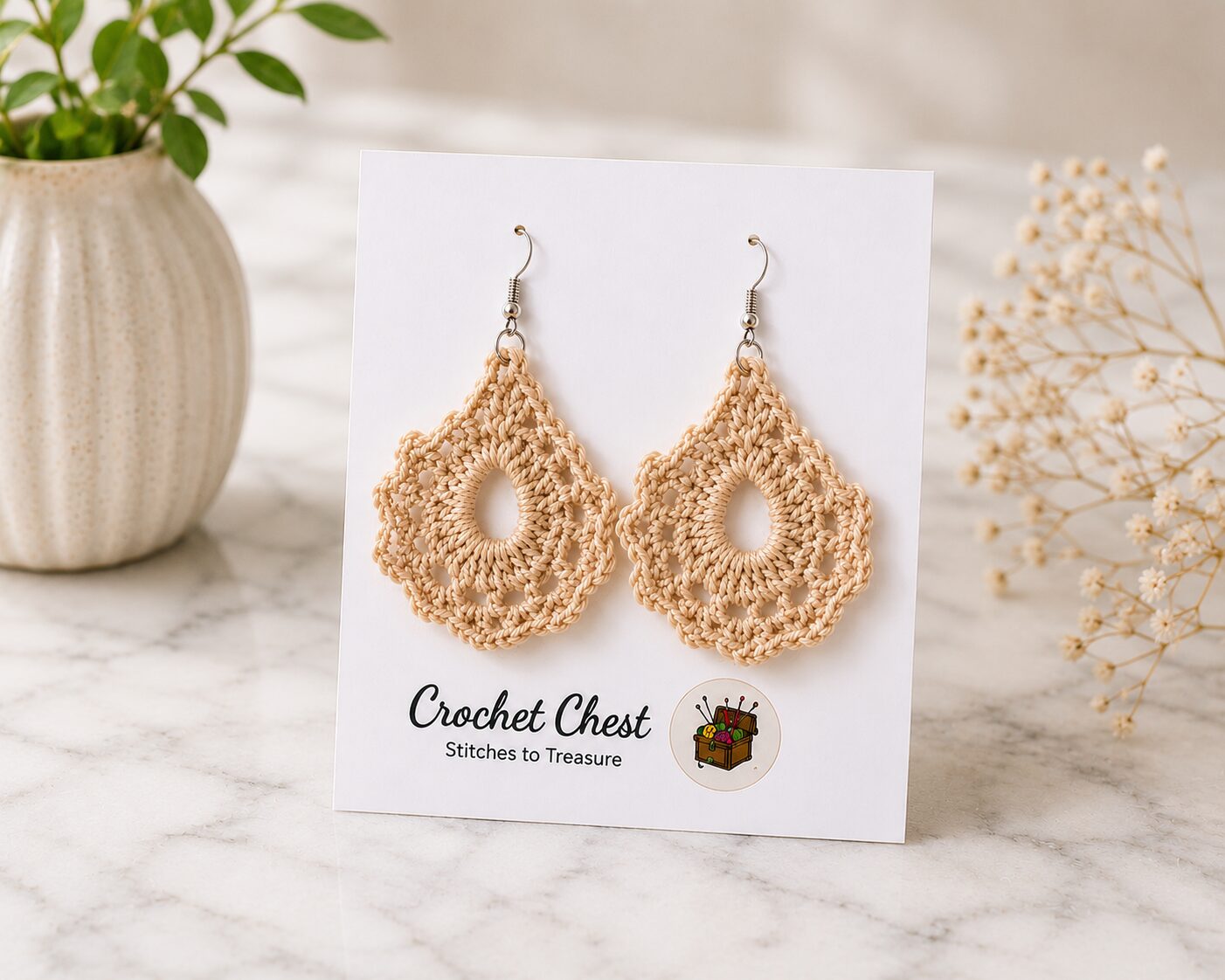 Handmade Beige Crochet Lace Earrings Lightweight Boho Dangle Jewelry - Image 3