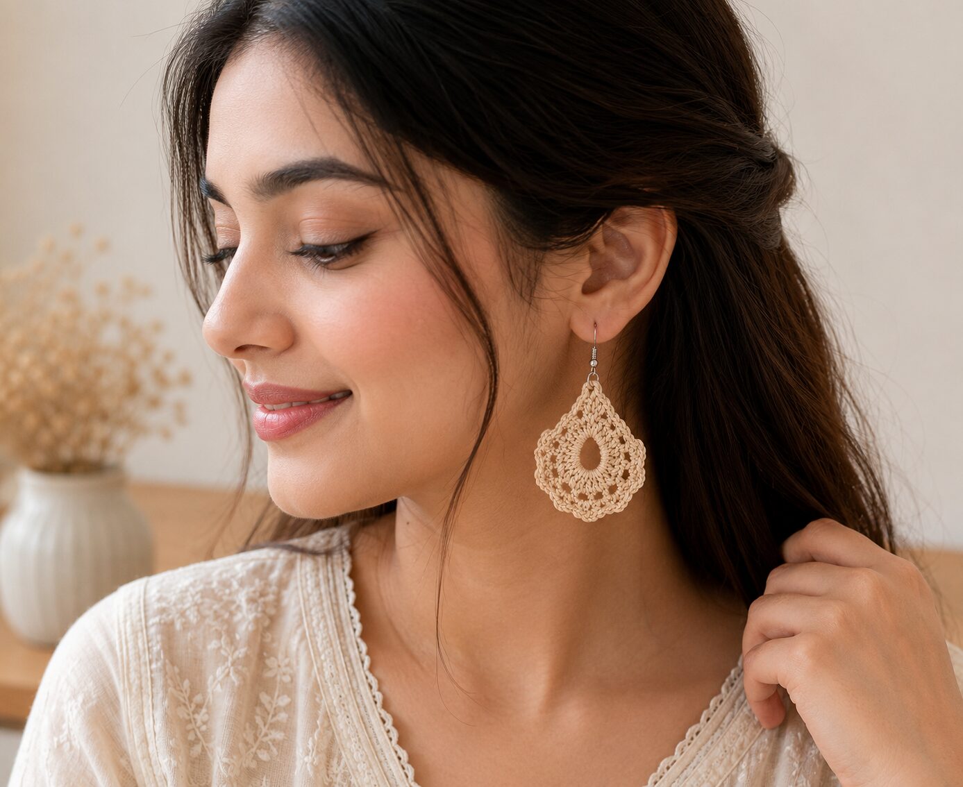 Handmade Beige Crochet Lace Earrings Lightweight Boho Dangle Jewelry - Image 2