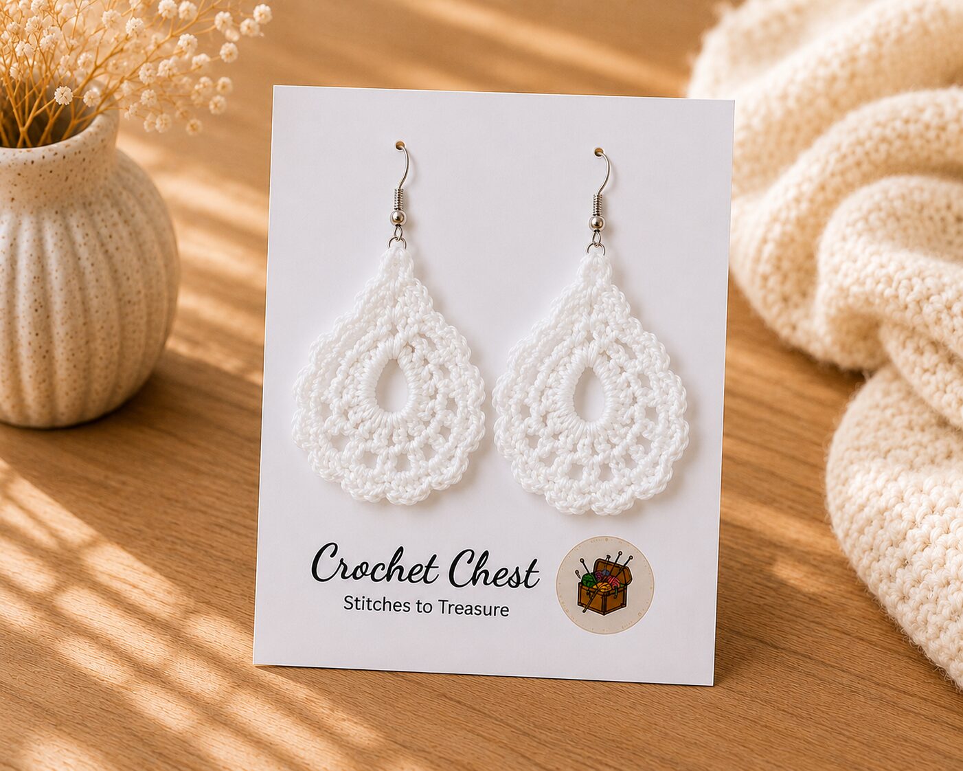 Handmade White Crochet Lace Earrings Lightweight Boho Dangle Jewelry