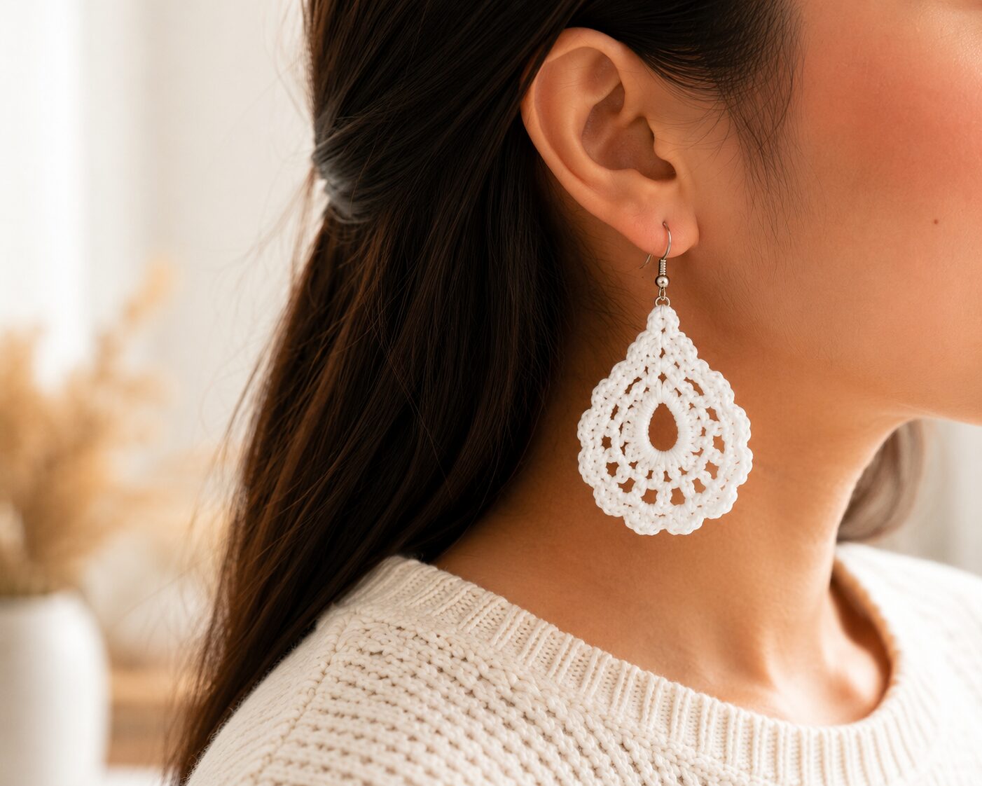 Handmade White Crochet Lace Earrings Lightweight Boho Dangle Jewelry - Image 2