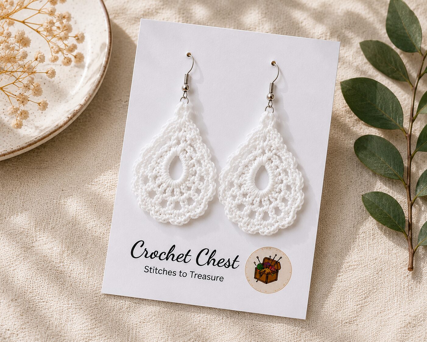 Handmade White Crochet Lace Earrings Lightweight Boho Dangle Jewelry - Image 3