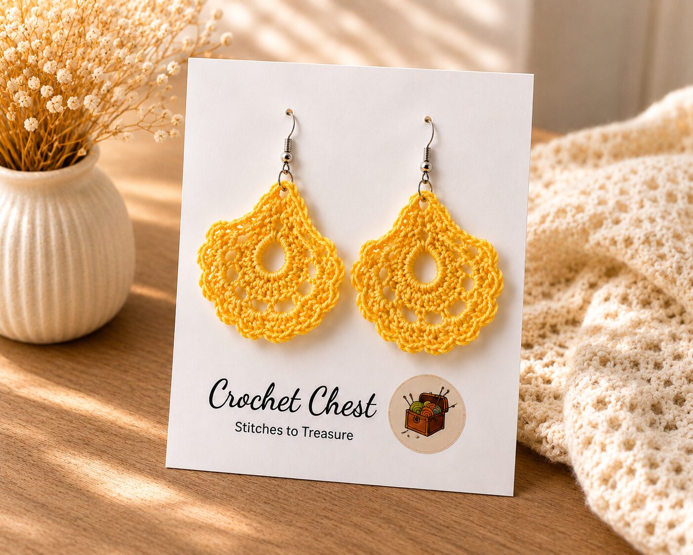 Handmade Yellow Crochet Lace Earrings Lightweight Boho Dangle Jewelry
