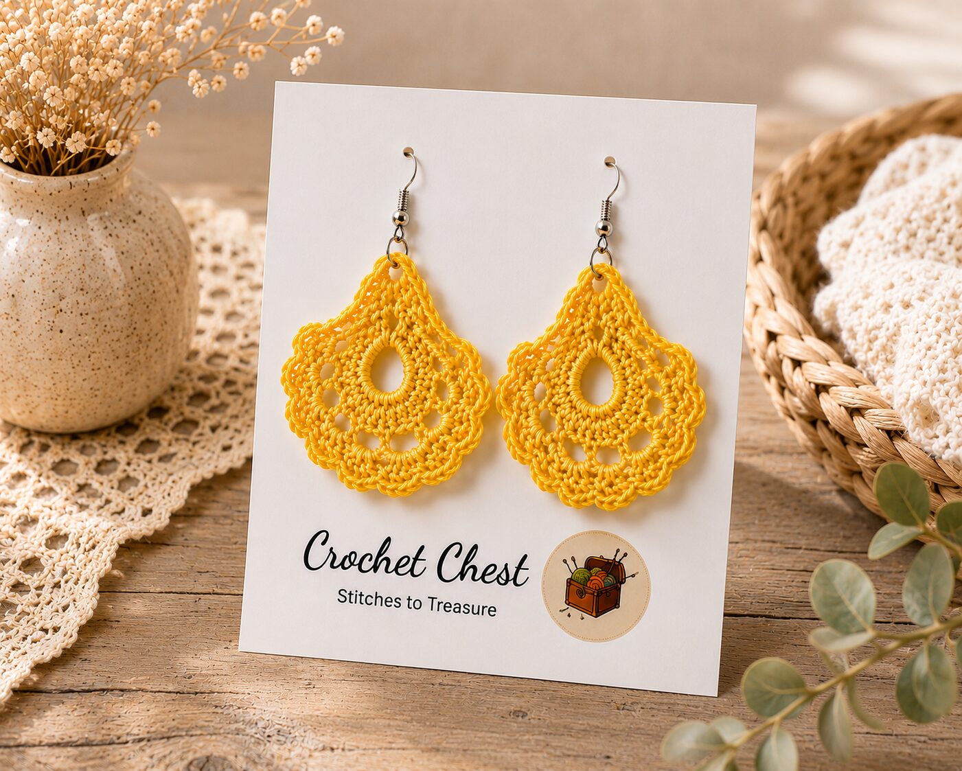 Handmade Yellow Crochet Lace Earrings Lightweight Boho Dangle Jewelry - Image 3
