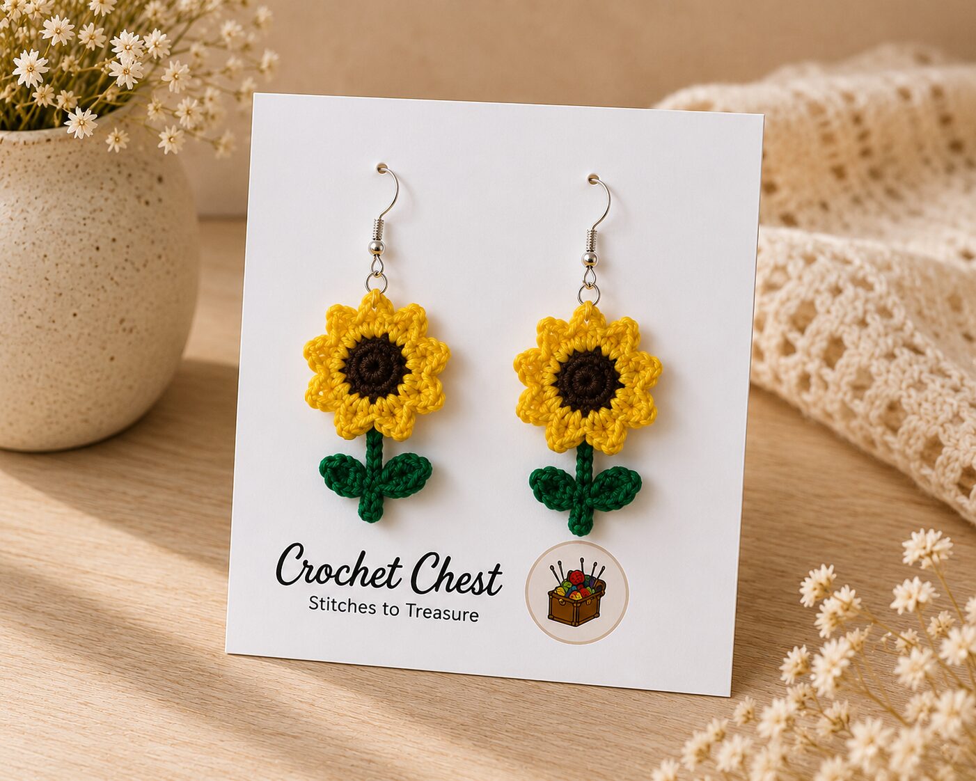 Handmade Sunflower Crochet Earrings With Leaves Floral Dangle Jewelry - Image 3