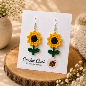 Handmade Sunflower Crochet Earrings With Leaves Floral Dangle Jewelry