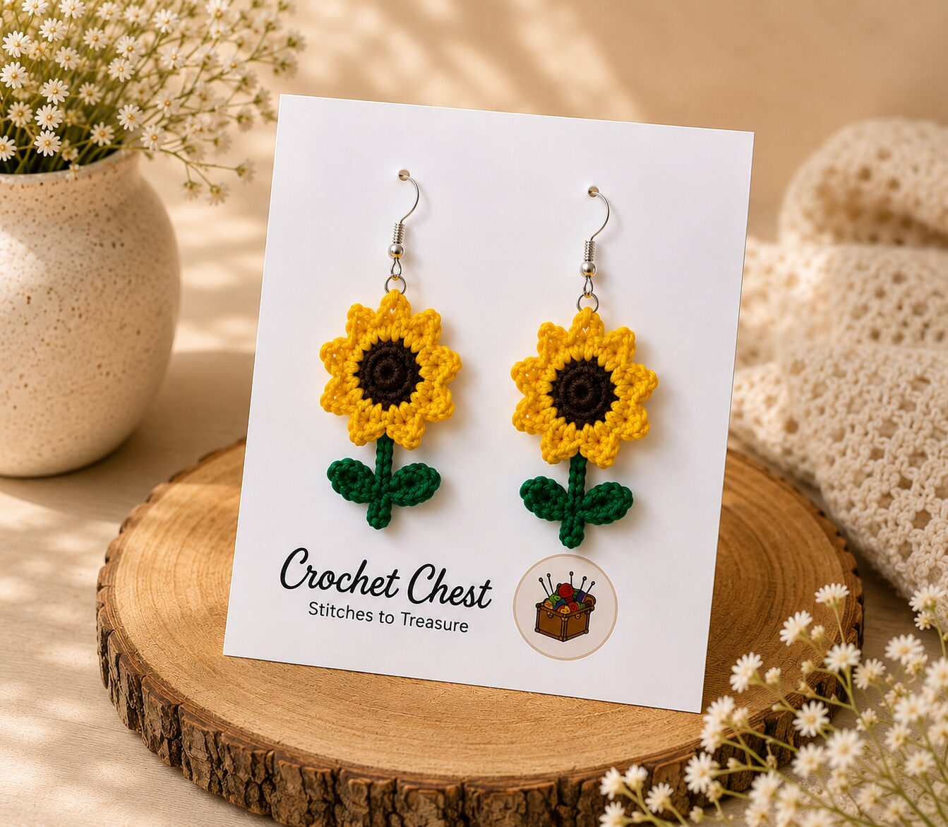 Handmade Sunflower Crochet Earrings With Leaves Floral Dangle Jewelry