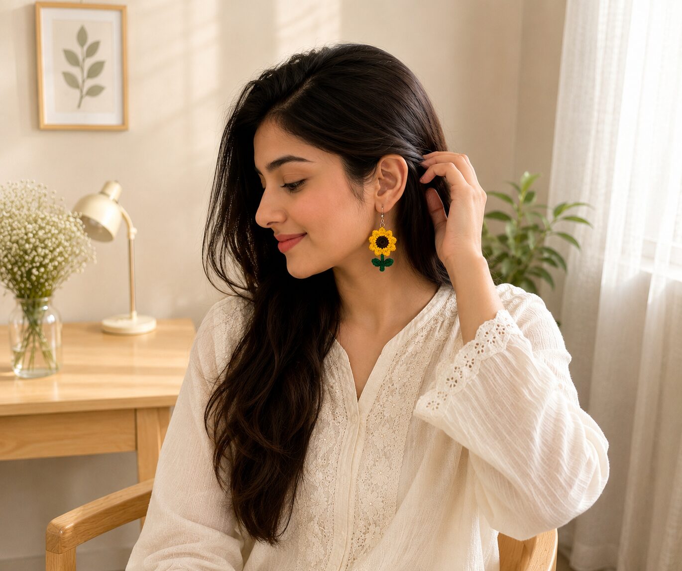 Handmade Sunflower Crochet Earrings With Leaves Floral Dangle Jewelry - Image 2