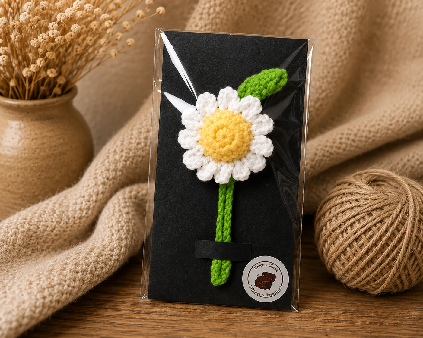 Handmade crochet daisy bookmark with braided stem and floral page marker - Image 3