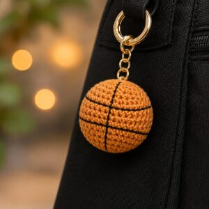 Handmade crochet basketball keychain with plush mini sports charm accessory