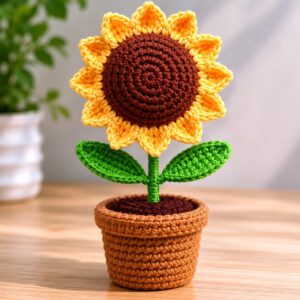 Handmade crochet sunflower pot with adorable amigurumi mini flower decor