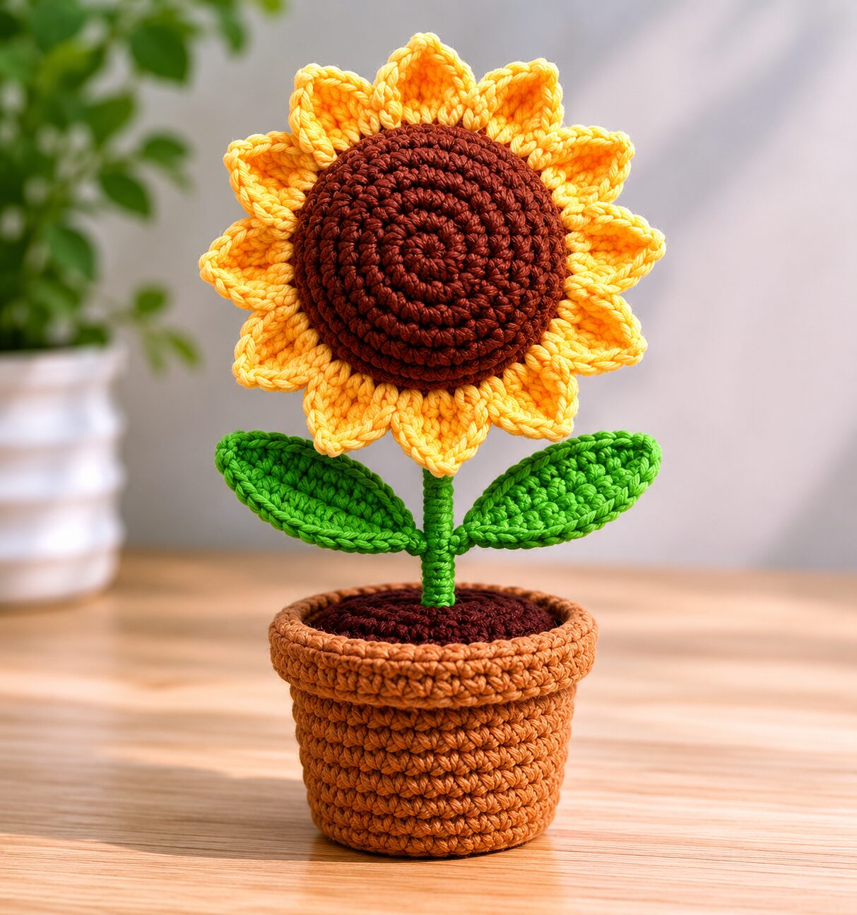 Handmade crochet sunflower pot with adorable amigurumi mini flower decor