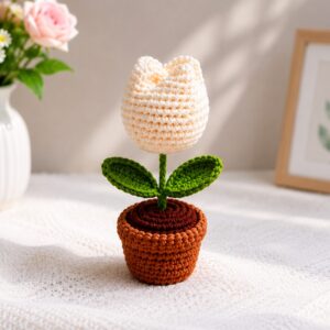 Handmade crochet cream tulip pot with adorable amigurumi mini flower decor