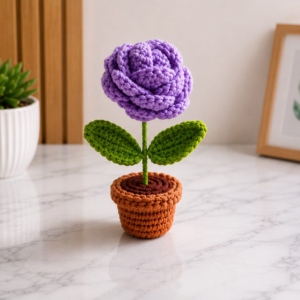 Handmade crochet purple rose pot with adorable amigurumi mini flower decor