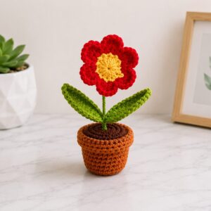 Handmade crochet red flower pot with beautiful single bloom mini plant