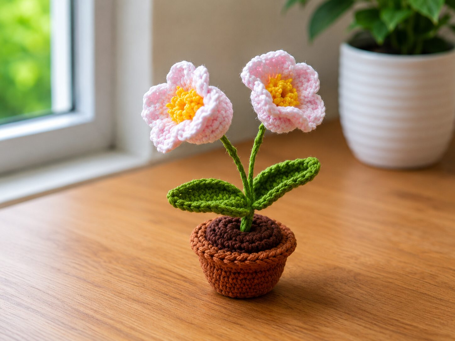 Handmade crochet flower pot decor with adorable pink blossom mini plant - Image 2