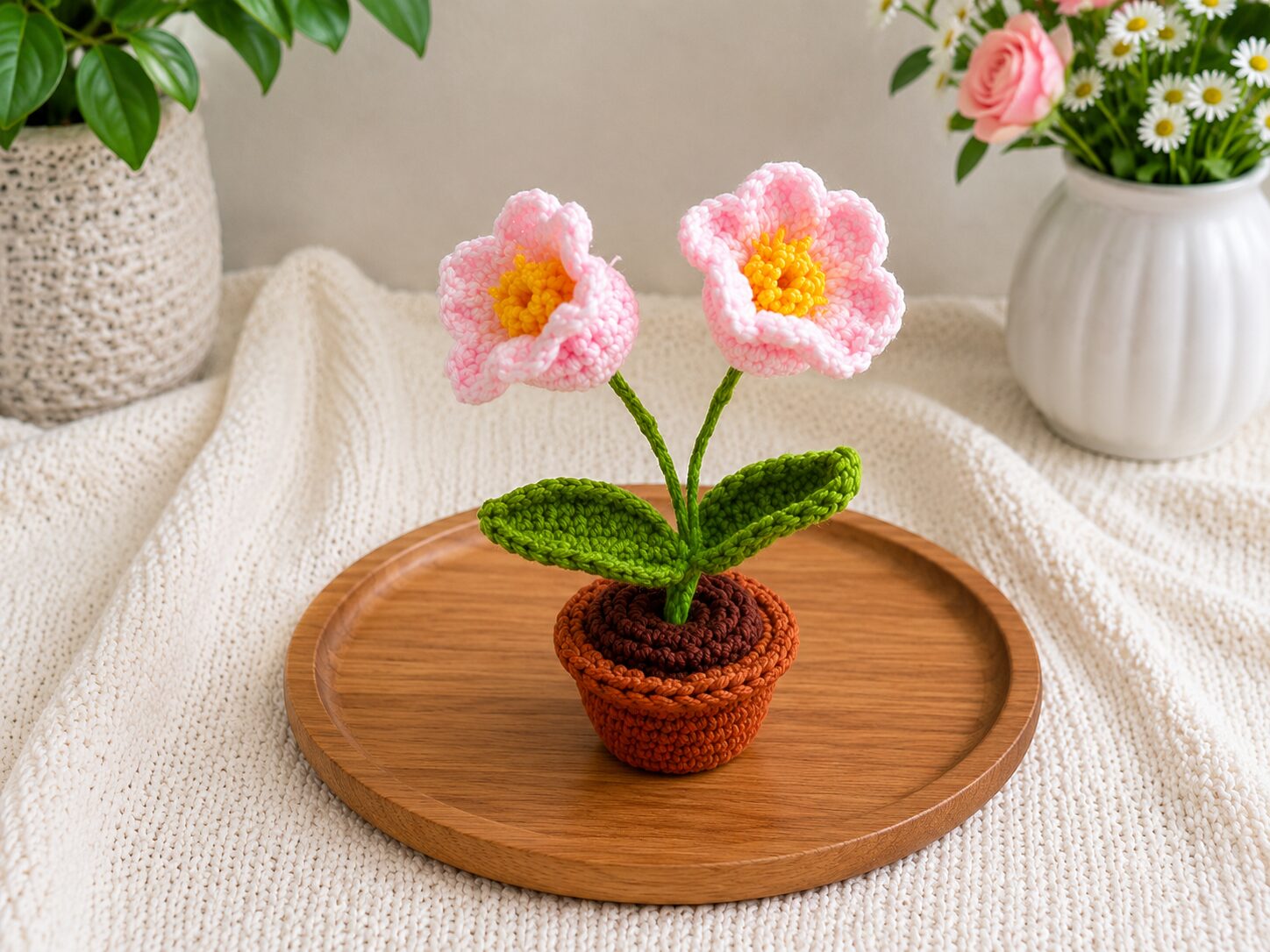 Handmade crochet flower pot decor with adorable pink blossom mini plant - Image 3
