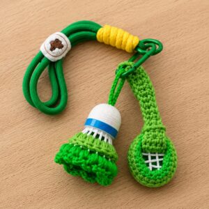 Handmade Crochet Green Badminton Keychain Set With Amigurumi Sports Charms