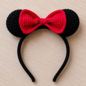 Handmade crochet mouse ear headband with red bow cartoon accessory