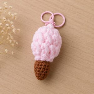 Handmade Crochet Pink Ice Cream Keychain With Cute Dessert Charm Accessory