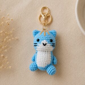 Handmade Crochet Blue Cat Keychain With Cute Amigurumi Kitty Charm